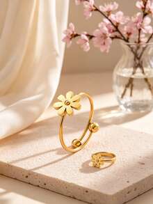VceTd 1 Set Naturalistic Style Stainless Steel Jewelry Set For Women With Glass Decor Flower Elements, Includes Bracelet And Ring, Suitable For Fashionable Outfits Or Commuting, Perfect Holiday Gift For Female Friends - Yellow Gold - View 5