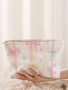 1 pieza Bolsa de almacenamiento de cosméticos portátil con estampado de lazo, impresión de doble cara, bolsa de maquillaje con cremallera para viajes, organizador de artículos de tocador multifuncional - Multicolor - Ver 3
