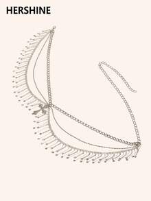 Hershine 1pc Zinc Alloy Silver Rhinestone Tassel Chain Multi-Layer Waist Chain Fashionable Gorgeous Elegant Women's Dress Waist Chain Accessory - M333 Silver Rhinestone Tassel Multi-layer Waist Chain - View 4