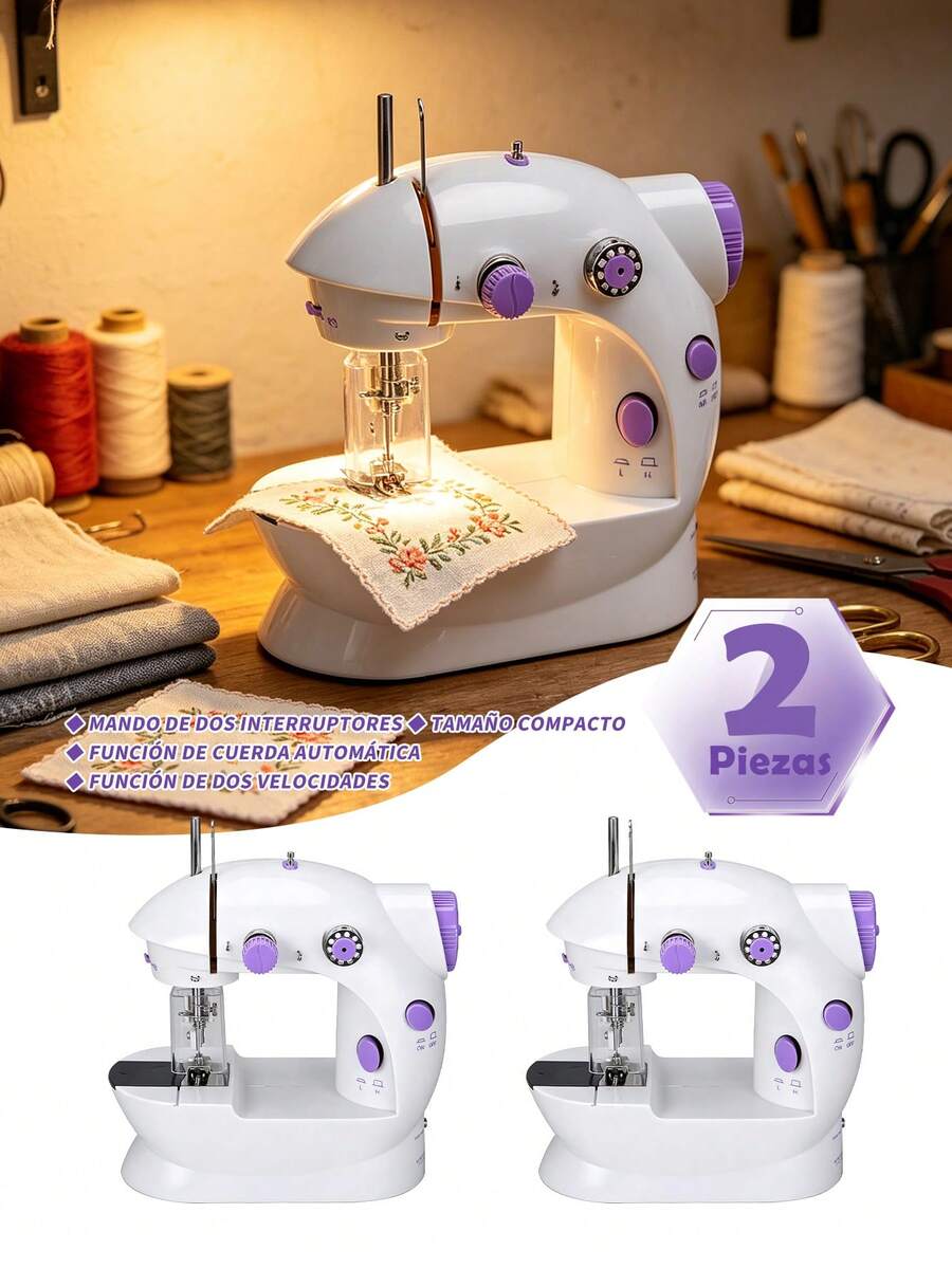 2 Pieces Mini Electric Sewing Machine, Portable Sewing Machine With LED Light, Patchwork Function, Button Sewing, Zipper, Cylinder Sewing, Electric Sewing Machine, Mini Micro Handheld Sewing Machine For Clothes, Pedal And Night Light, Dual Speed And Dual Switch. - 查看 1