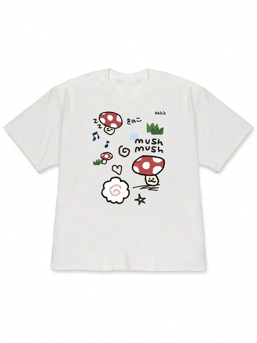 1 Pack 180g 100% Cotton, New Spring/Summer 2026 Short-Sleeved Drop-Shoulder T-Shirt With Red And White Mushroom Design With Spots (Featuring Sleeping/Laughing Faces Motifs)