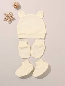 一套新生儿医院帽，可爱耳朵设计，0-3个月宝宝男女通用针织帽和防抓手套套装 - 1sets - 查看 10