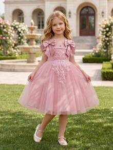 Young Girl Pink Lace Floral Beaded Bow Tulle Party Dress, Elegant Princess Gown Suitable For Girl's Birthday Party, Prom, Wedding Flower Girl - Pink - View 1