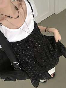 Tank Top Camisole Kasual Wanita Motif Polkadot dengan Hem Berkerut, Warna Hitam, untuk Musim Panas - Hitam - View 5