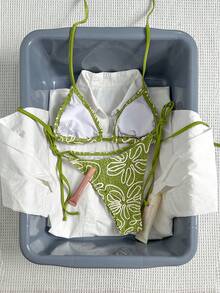 Bikinx 女款夏季時尚不對稱條紋三角繫帶比基尼套裝 度假海灘 - 橄欖綠 - 查看 6