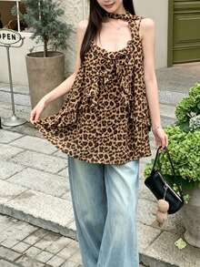 Women's Leopard Print Ruffle Strap Tank Top, Flared Hem, Woven Fabric, Regular Length, Fashionable Summer Style Casual Vacation - Rust Brown - View 2