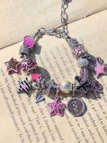 1 pieza Pulsera con dije de corazón y cruz con estampado de leopardo rosa, Pulsera de estrella con estampado de leopardo para niñas, Pulsera de amistad de estrella fucsia para niñas, Pulsera DIY de cruz oscura - Plateado - Ver 3