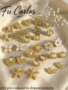 2/24pcs Women's Random Gold Stud Earrings Set, Stainless Steel Fashion Floral Pearl Star Earrings Assortment, Elegant Old Money Style Women's Gift - Gold, Pearl, and White Earrings - View 1