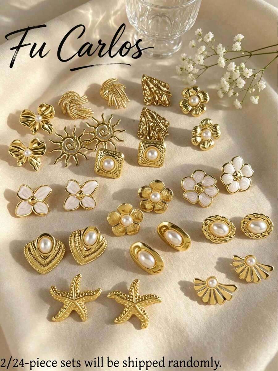 2/24pcs Women's Random Gold Stud Earrings Set, Stainless Steel Fashion Floral Pearl Star Earrings Assortment, Elegant Old Money Style Women's Gift - Gold, Pearl, and White Earrings - View 1