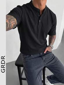 GRDR 立领纽扣 Polo 衫，男士新款夏季休闲短袖上衣 - 黑色 - 查看 2