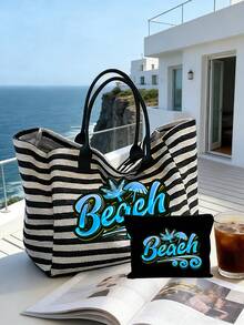 Beach Letter Print Black & White Striped Tote Bag 2pcs Set, Large Capacity Canvas Handbag + Matching Cosmetic Pouch, Waterproof & Stain-Resistant, Fits Swimsuit & Towel, Suitable For Daily Commute, Shopping, Students, Office Workers, Outdoor Picnic, Pool & Beach Vacation, Practical High-Value Summer Gift For Girlfriend & Bestie, Can Be Used As Beach Bag, Handbag, Pool Bag And Travel Organizer - Multicolor - View 2