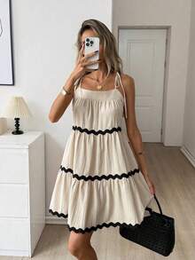 Vestido de verano casual, elegante y vintage con falda de línea A de volantes multicapa con dobladillo de volantes, tirantes con lazo en los h - Negro1 - Ver 3