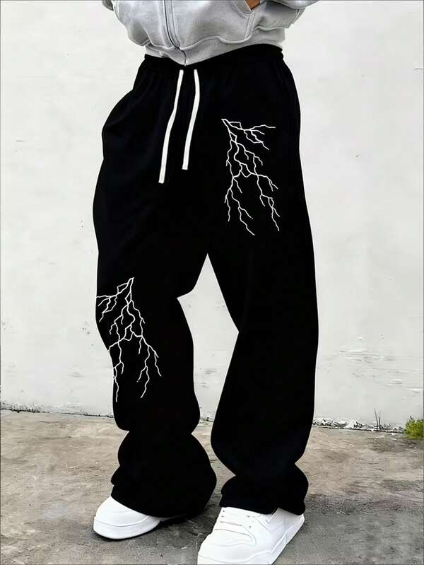 Men's Printed Wide Leg Sweatpants, Casual Street Style Loose Outdoor Sports Long Pants