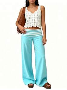 Women Y2k Striped Fold Over Pants Low Rise Yoga Pants Lounge Bottoms Color Block Wide Leg Flare Leggings Sweatpants - 藍色 - 查看 9