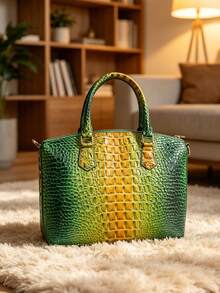 Elegant Crocodile-Embossed Handbag - Opulent Gradient Vintage Style - Spacious Women's Purse With Durable Top Handle - Ideal For Everyday - 7#黃+綠 - 查看 5