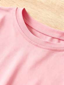 Camiseta con estampado de camisa casual para mujer, manga corta y cuello redondo, moda urbana local de primavera/verano. - Rosa - Ver 4