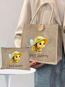 女款多功能托特包，印有可愛蜜蜂與「BEE HAPPY」圖案，度假風字母設計購物袋，適合婚禮、生日、海灘及各種節日場合，亞麻托特包，教師節禮物袋，便攜輕量可折疊收納袋，簡約百搭，護理師、醫生、教師感謝收納袋，母親節禮物，個人旅行化妝收納袋，購物袋，教師節與開學季最佳禮物選擇 - 彩色 - 查看 4