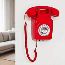 Teléfono de pared con cable con revisión teléfono fijo retro rojo teléfono de pared antiguo con remarcado para hogar oficina hotel escuela juego de teléfono con esfera giratoria clásico - Rojo - Ver 3