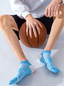 6 Pairs Men's Color Block Sports Short Socks, Minimalist Square Grid Pattern Design, Anti-Slip Heel Tab Ball Sports Socks - Multicolor - View 3