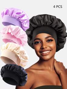 4 buah Topi Tidur Satin Bertepi Lebar Elastis Warna Polos untuk Wanita, Topi Pelindung Rambut untuk Perawatan Kecantikan dan Penggunaan Sehari-hari - TJM-301 Hitam/Merah Muda/Khaki/Ungu Muda - View 5