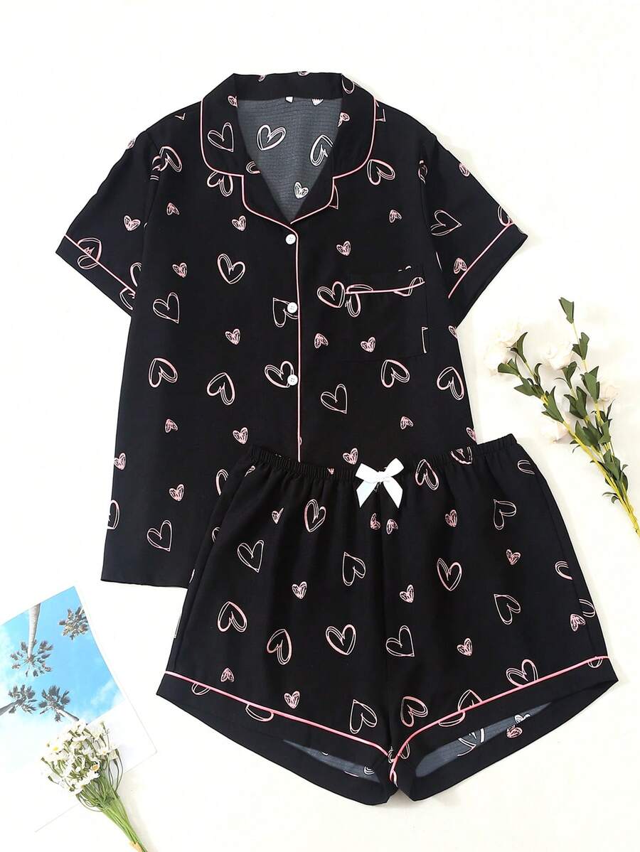 Heart Print Plus Size Women Bubble Crinkle Short Sleeve Shorts Pajama Set - Black - View 1