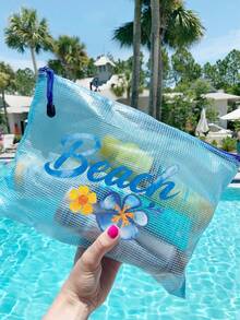 A4 Size Fashionable Waterproof PVC Beach Bag With "Beach" Letter Pattern, Transparent Cosmetic Bag, Toiletry Bag, Nylon Zipper - Suitable For Swimming, Diving, Summer Vacation, Lightweight, Beach Essential, Travel/Back To School Essential, Vacation Companion - Multicolor - View 3