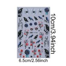 2 feuilles d'autocollants pour ongles gothiques d'Halloween, corbeau en relief 5D, crâne, rose, toile d'araignée & nœud, décalcomanies d'art pour ongles, décoration de manucure DIY pour femmes & filles - Noir - Voir 4