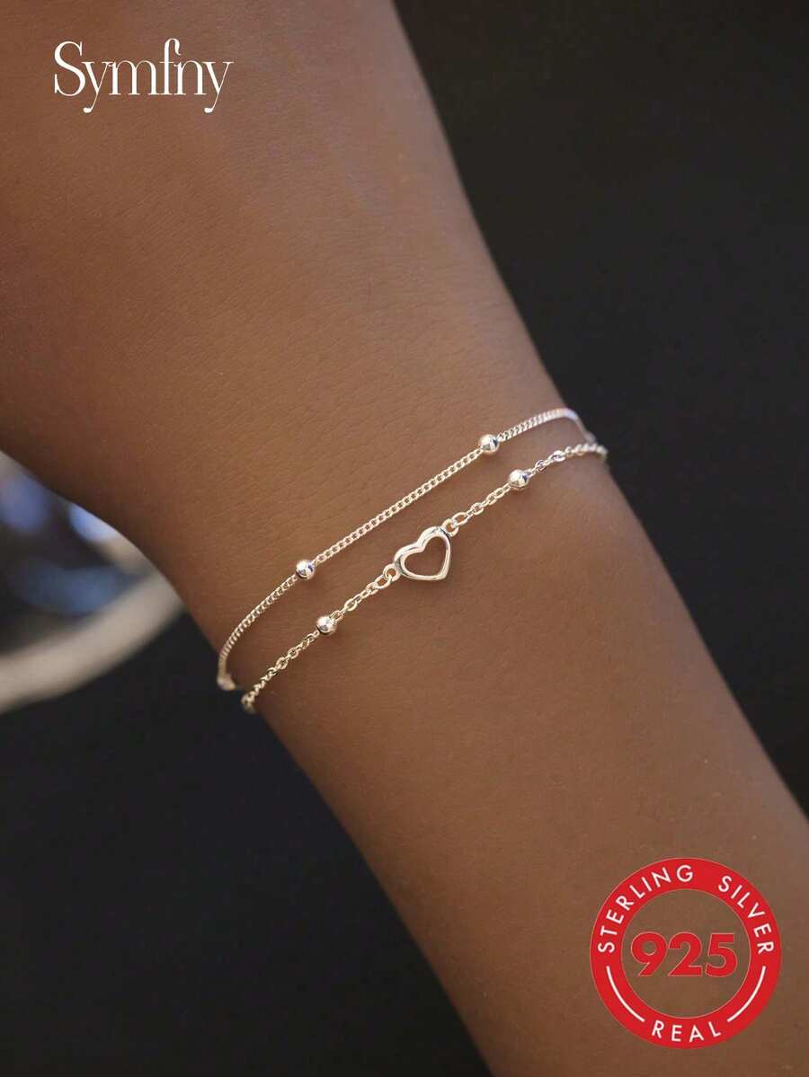 SYMFNY 1pc 925 Sterling Silver Minimalist Hollow Out Double-Layer Heart Link Bracelet Valentines - Silver - View 1