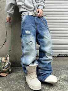 2026 New Vintage Light Blue Washed Distressed Relaxed Fit Wide Leg Jeans For Men - Light Wash - View 4