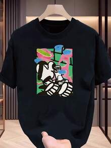 Camiseta casual de manga corta para hombre con diseño gráfico abstracto vintage, hecha de pura - Negro - Ver 1