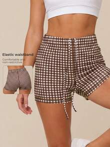 Women's High Waist Plaid Fitness Training Running Shorts, Brown Drawstring Yoga Sports Cycling Shorts - Coffee Brown - View 3