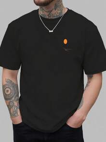 Atardecer de otoño, hojas cayendo al suelo, estampado de doble cara, nueva camiseta de cuello redondo para hombre, estilo casual deportivo, moda moderna, corte holgado, camiseta de manga cor - Negro - Ver 2