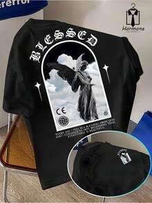 Religious! Versatile Men's Short-Sleeved T-Shirt, Double-Sided Polyester, Streetwear Style, Customized With The Blessed Angel. - Black - View 1