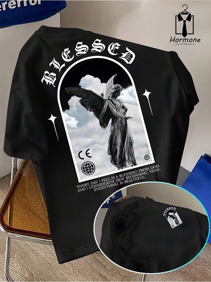 Religious! Versatile Men's Short-Sleeved T-Shirt, Double-Sided Polyester, Streetwear Style, Customized With The Blessed Angel. - Black - View 1