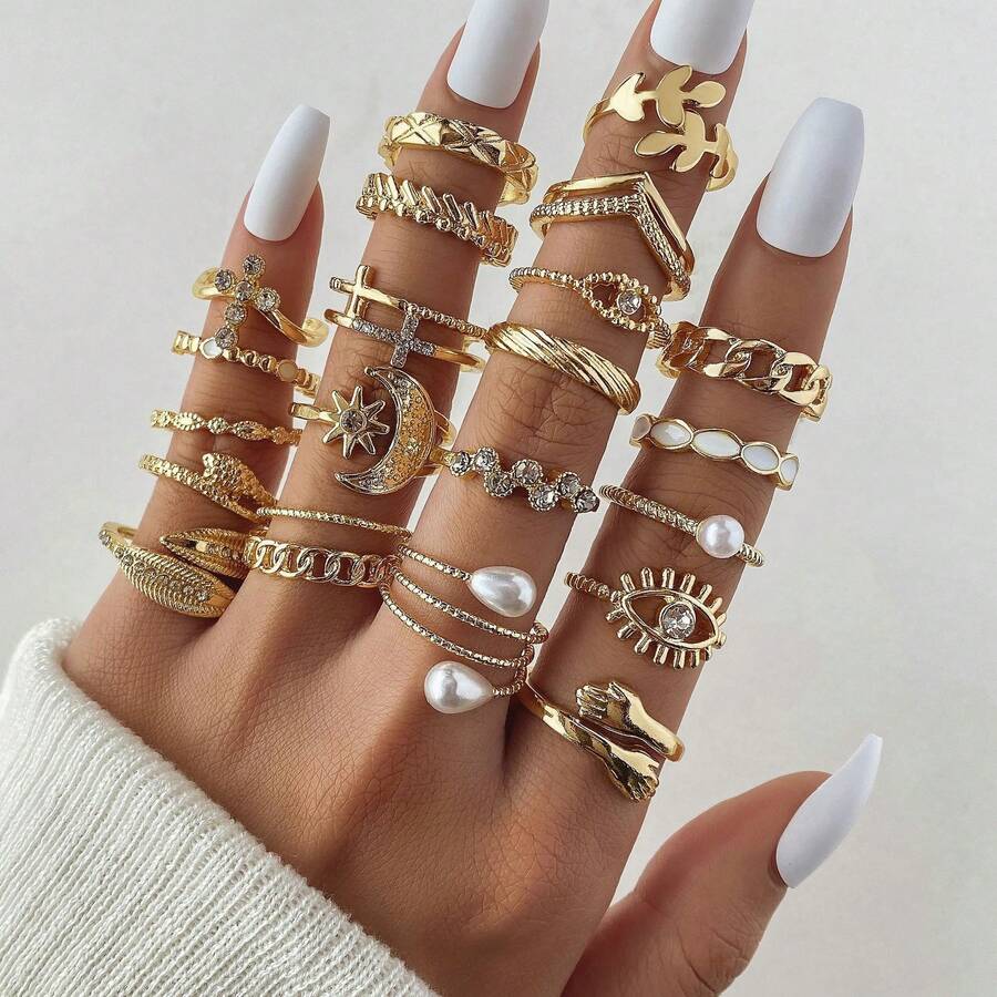 Juego de 23 anillos ajustables para mujer - Joyería de moda apilable con strass dorado, ojo malvado/perla/luna/cruz, apto para uso diario - 23 piezas de ojo de perla - Ver 1