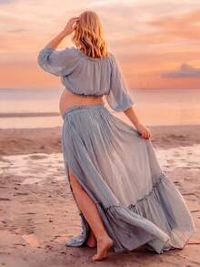 Adjustable Chiffon 2 Pieces Maternity Dress, Blue Vacation - Blue - View 2
