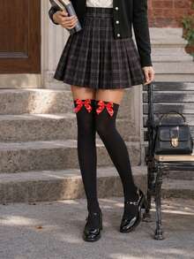 Women's Sweet Preppy Bow Thigh High Socks, Cream Cardigan, Plaid Pleated Skirt, Mary Jane Shoes, Campus Library Style Fashion Outfit Set For Fall Days - Multicolor - View 11