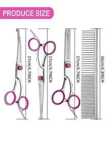 1-6Pcs Professional Round Tip Pet Grooming Scissors Set, Stainless Steel Serrated Thinning Shear & Double Sided Steel Comb With Storage Bag, Pet Grooming Scissors Set For Dogs And Cat - Pink - View 6