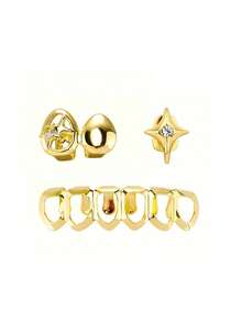 3pcs/1 Set Hollow Heart Zirconia Grillz Stone Tooth Jewelry Set,14K Gold Tooth Grill, Unisex Personalized Daily Accessories - Multicolor - View 3