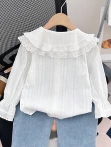 Young Girls Autumn New Korean Style Ruffle Collar Long Sleeve Blouse, White Shirt, Children's Top, New - White - View 2