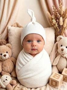Baby Photography Props, Essential For Baby's Full Month Photos[INS Hot Style]Newborn 4-Color Waffle Wrap + Knot Hat 2 Pieces Set, Simple Versatile Newborn Photography Outfit, Baby Birthday Party, Baby 100 Days Commemorative Photos - Multicolor - View 4