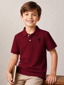 Young Boy's Casual Quarter Button Short Sleeve Polo Shirt With Horse Embroidery, Summer - Burgundy - View 3
