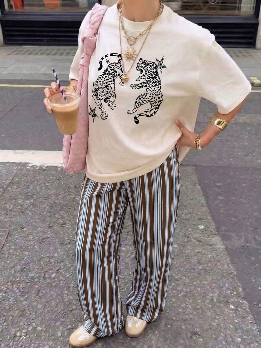 Be Stil & Know 印花女款休閒時尚寬鬆短袖上衣與條紋長褲套裝，豹紋波點格紋優雅運動風派對健身夏季六月節慶女裝黑色套裝黑色上衣女款海灘裝，學院風，女款休閒套裝，Saint John，六月慶典 - 杏色+多色豎條 - 查看 1