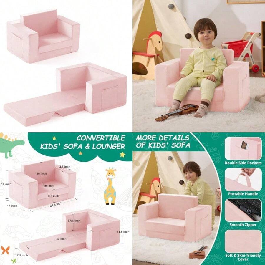 Sofá para niños Silla 2 en 1 para niño pequeños de 1 a 3 años Silla Convertible para niños sofá Plegable para niños pequeños sillones para niño y niñas Tejido Polar Coral Suave - Rosado - Ver 1