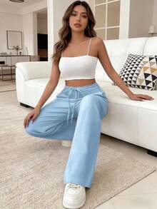 Women's Linen Palazzo Pants, Adjustable Waist With Drawstring, Side Pockets, Casual And Breathable For Vacations - 淺藍色 - 查看 3