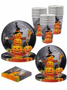 50 piezas de platos de papel, vasos y servilletas para fiesta de Halloween, platos de papel con diseño de calabaza, vajilla desechable para mesa de postres, decoración de fiesta de cumpleaños, set de regalo para decoración de fiesta de vacaciones para 10 personas - multicolor - Ver 10