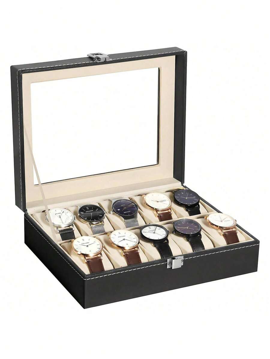1Pc Luxury Large Capacity Watch Storage Box, 10-Slot Watch Box, Jewelry Organizer Display Case, Watch Case, Watch Holder, Watch Display Case, Display Stand Holder For Watches, Room Decor, Gift For Men And Women, Travel Valentine Day Back To School - 彩色 - 查看 1