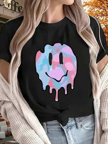 Colorful Melted Smiling Face Print Fashionable Summer Women's T-Shirt Top Short Sleeved Round Neck Casual Women's Clothing Drop-Shoulder T-Shirt With Expression Print Playas Para Mujer,Pla - 黑色 - 查看 1