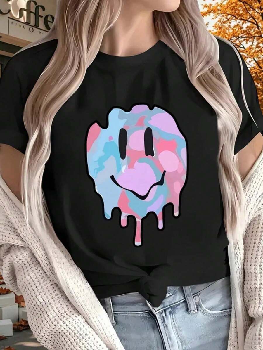 Colorful Melted Smiling Face Print Fashionable Summer Women's T-Shirt Top Short Sleeved Round Neck Casual Women's Clothing Drop-Shoulder T-Shirt With Expression Print Playas Para Mujer,Pla - 黑色 - 查看 1