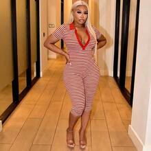 Red Striped Lapel Short Sleeve Skinny Jumpsuit For Work Tight-Fitted 7/8 Length Romper, A Hot-Girl Essential Rompers Rompers For Women Summer - 紅色 - 查看 7